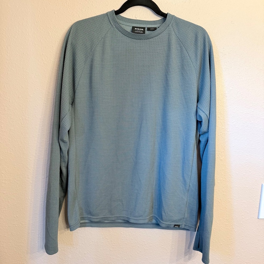 Prana Mens Merino Wool Blend Waffle Knit Long Sleeve Slim Fit Top Blue Grey M